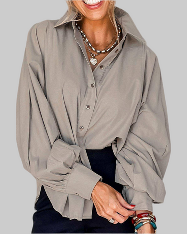 Neutral Button Down Collared Shirt – Classic Long Sleeve Blouse Women